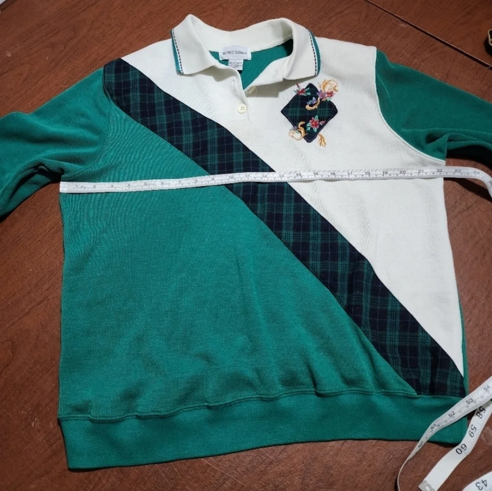 Vintage Alfred Dunner Teal and Cream White Floral Polo Collar Crewneck Sweater - Picture 1 of 7